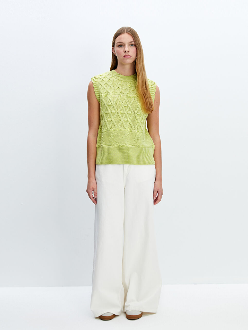 Crew Neck Self Patterned Women's Knitwear Sweater Vest-1