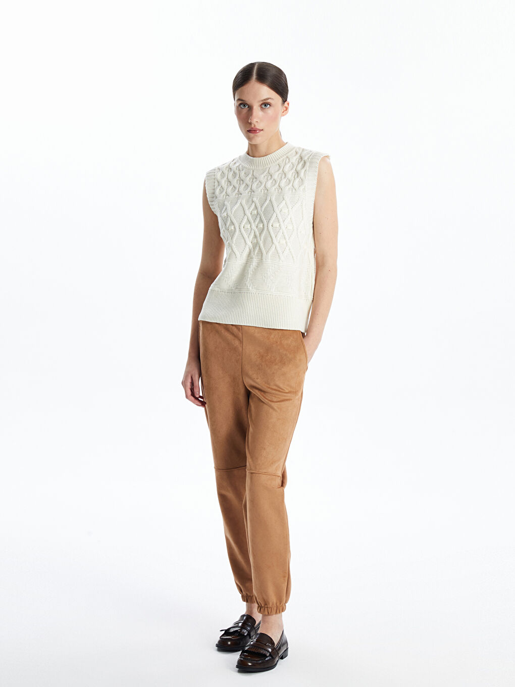 صدرية كنزة صوفية بنمط ذاتي برقبة دائرية للسيدات-1