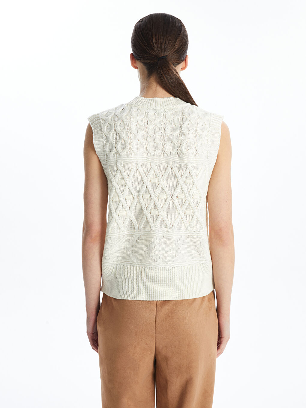 صدرية كنزة صوفية بنمط ذاتي برقبة دائرية للسيدات-3