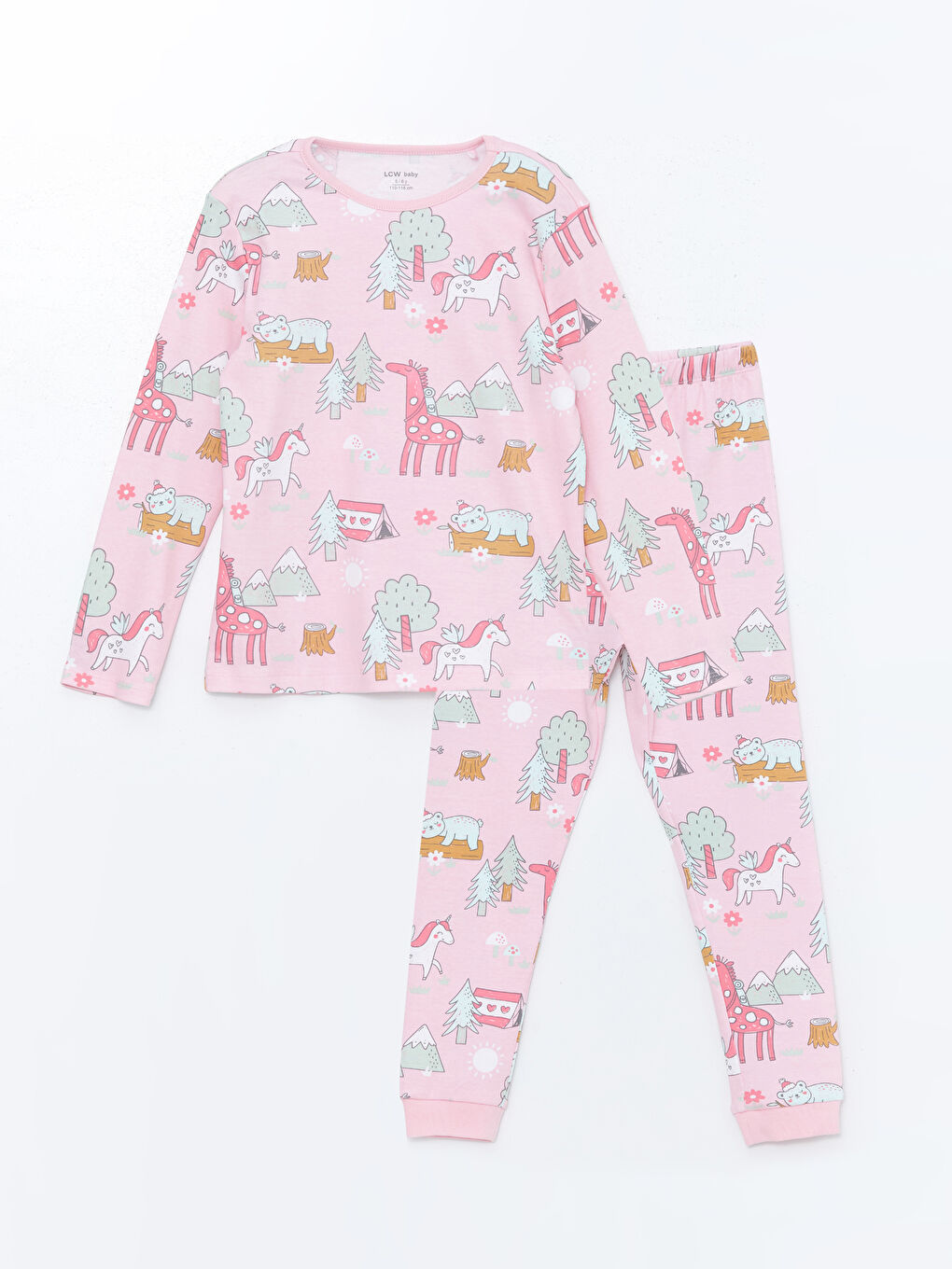 LCW baby Pembe Bisiklet Yaka Desenli Uzun Kollu Kız Bebek Pijama Takımı