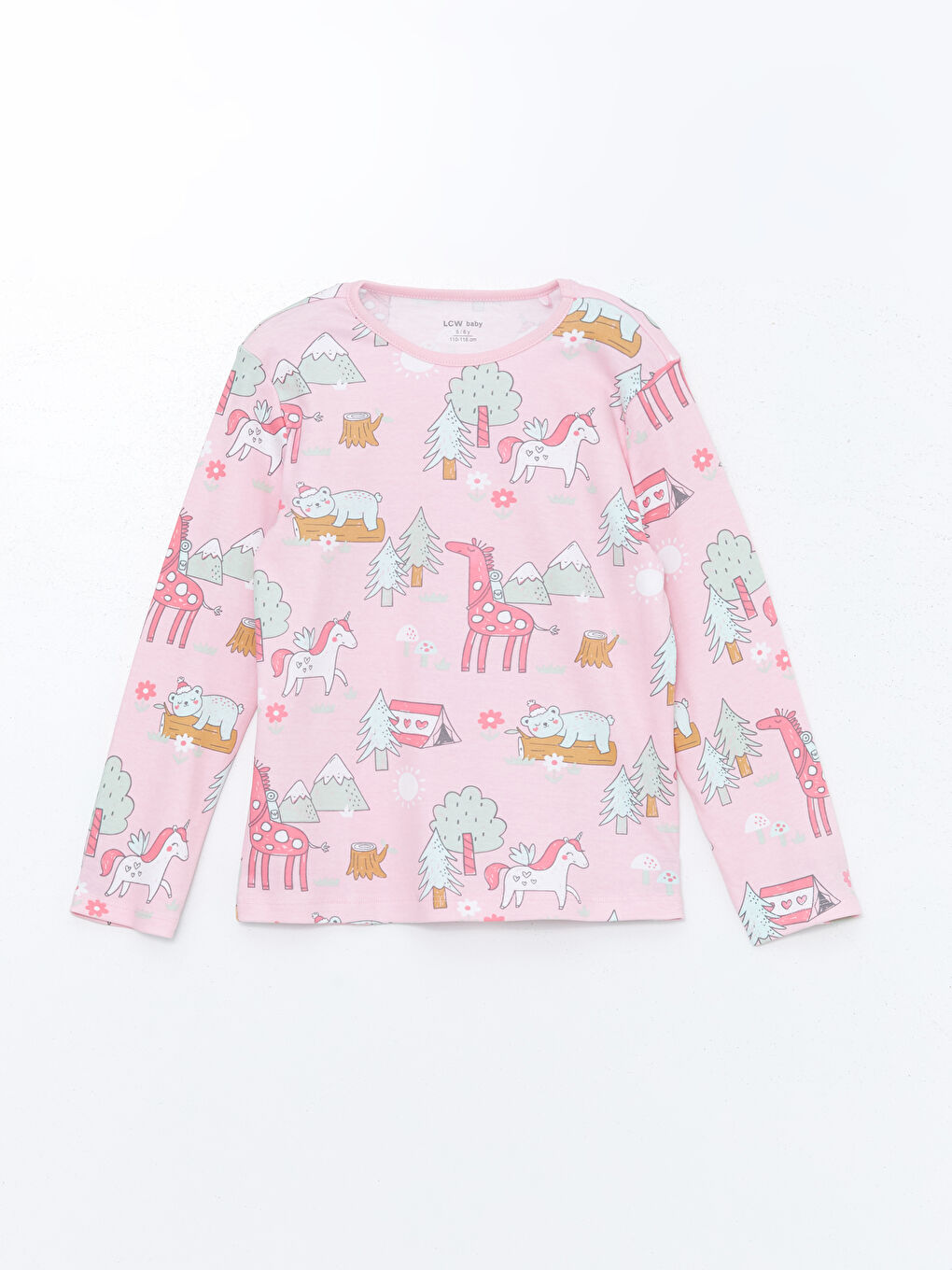 LCW baby Pembe Bisiklet Yaka Desenli Uzun Kollu Kız Bebek Pijama Takımı - 1