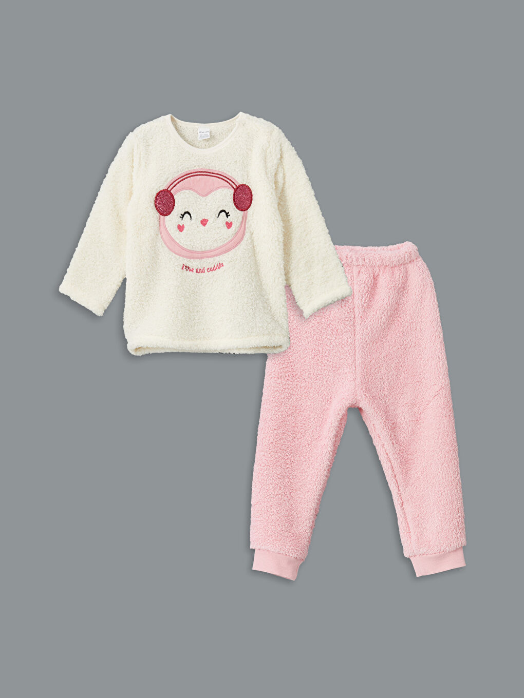 LCW baby Beyaz Bisiklet Yaka Pelüş Kız Bebek Pijama Takımı