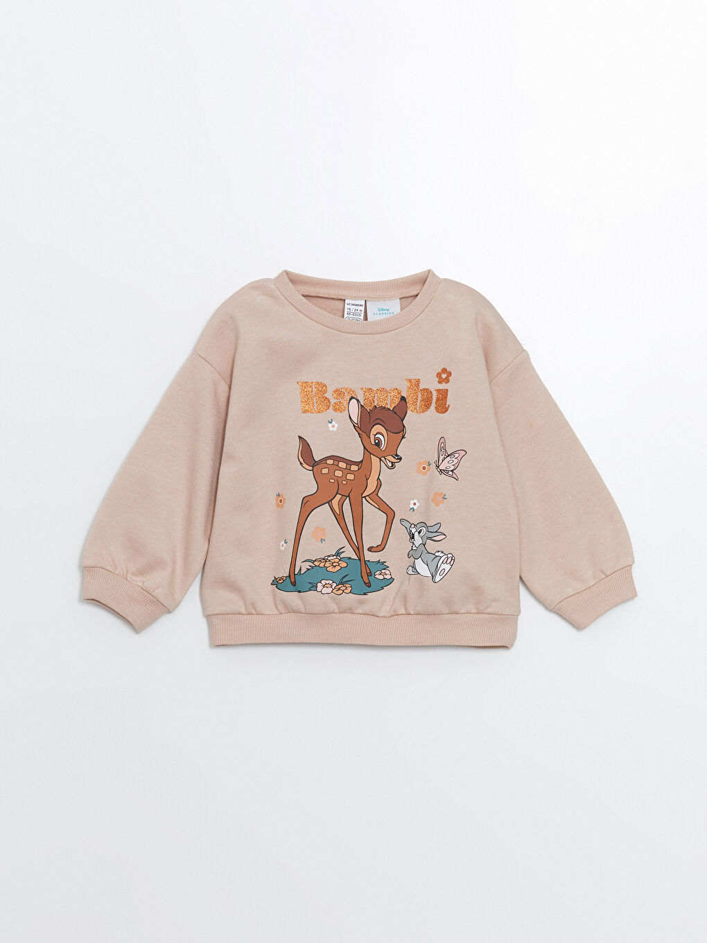 LCW baby Pembe Bisiklet Yaka Kalın Bambi Baskılı Kız Bebek Sweatshirt