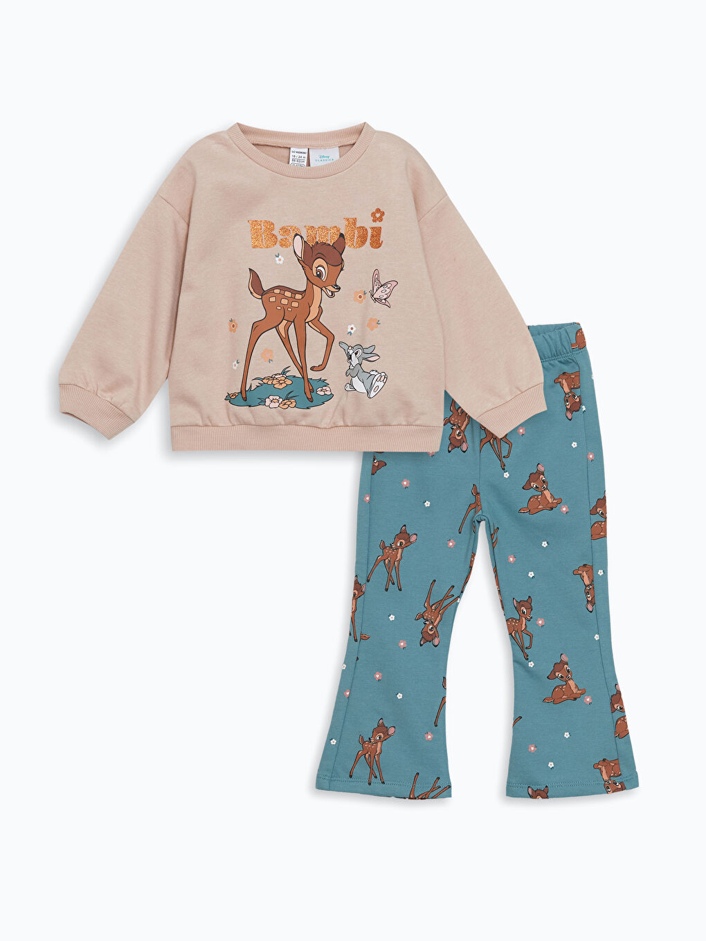 LCW Kids Mat Pembe Bisiklet Yaka Bambi Baskılı Kız Çocuk Sweatshirt ve Tayt