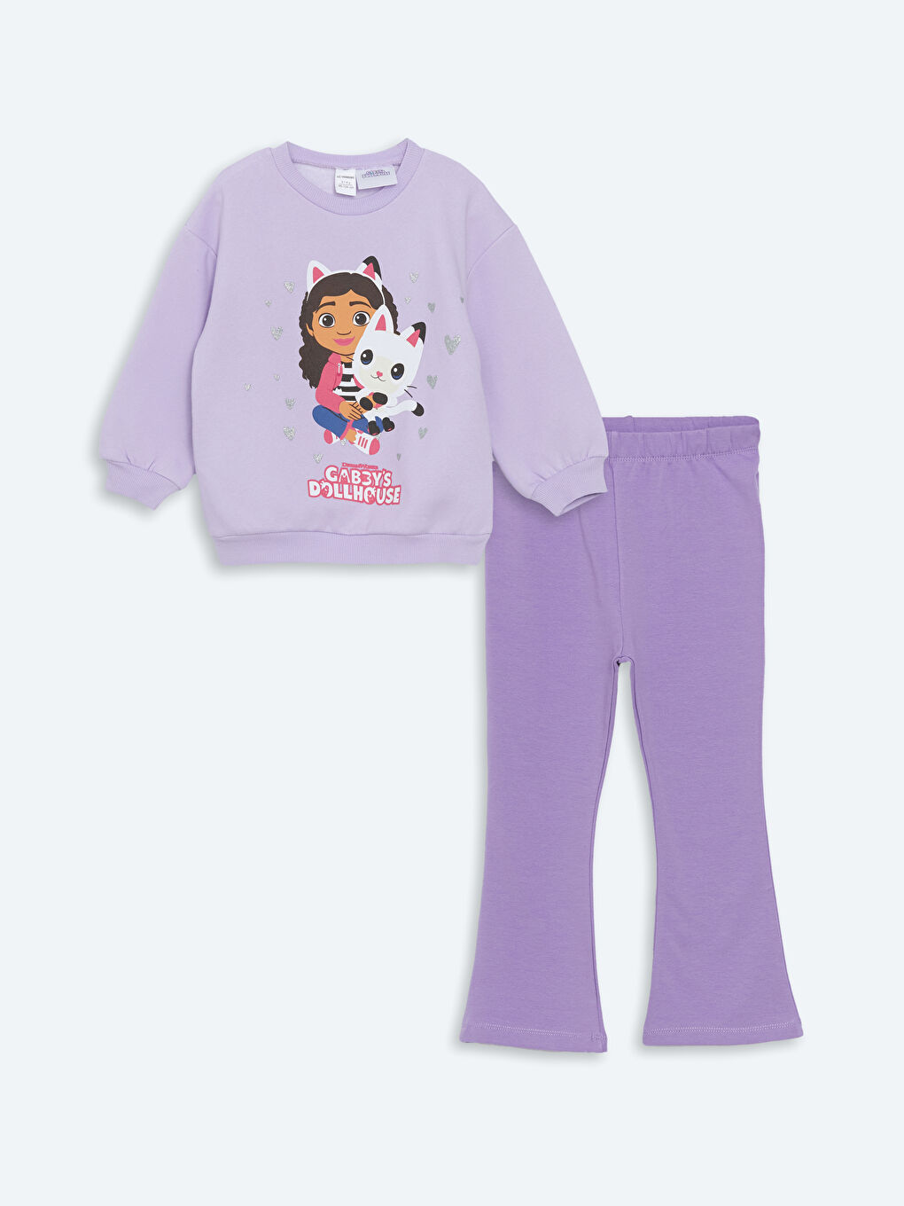 LCW Kids Lila Uzun Kollu Gabby's Dollhouse Baskılı Kız Çocuk Sweatshirt ve Tayt 2'li Takım