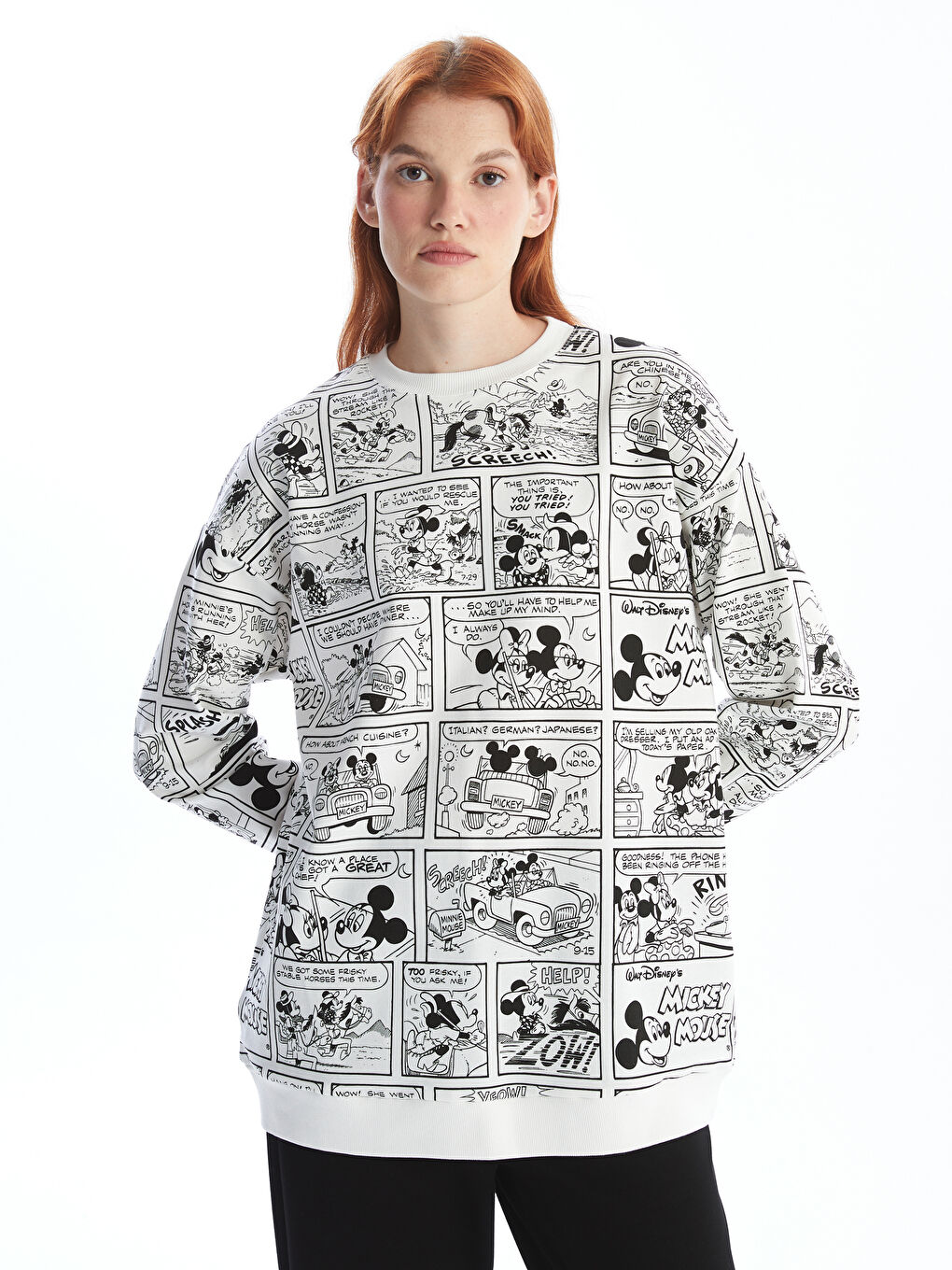 LCW Modest Siyah Baskılı Bisiklet Yaka Mickey ve Minnie Mouse Baskılı Kadın Sweatshirt Tunik