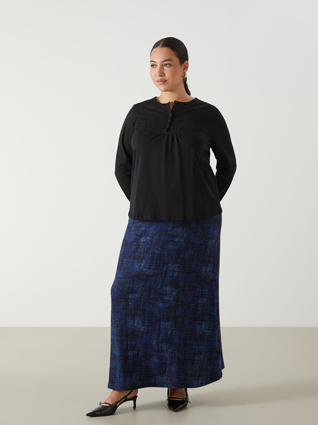 Lacivert Beli Lastikli Desenli Kadın Etek-1