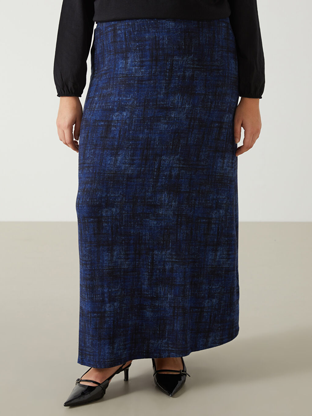 Lacivert Beli Lastikli Desenli Kadın Etek-5