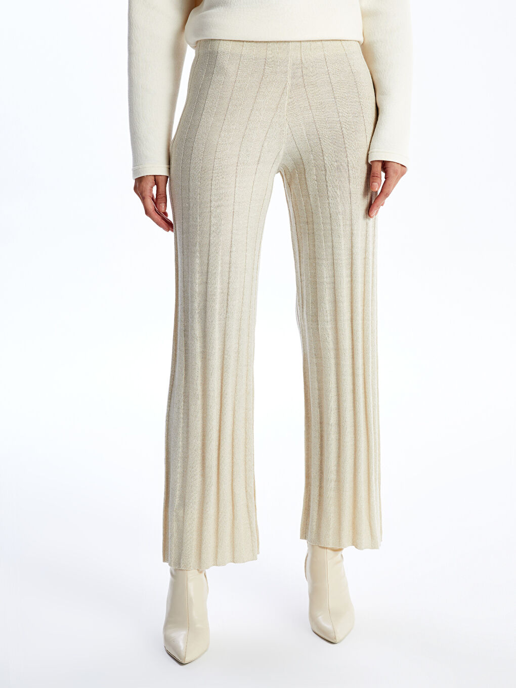 Elastic Waist Shiny Look Women's Knitwear Trousers-1