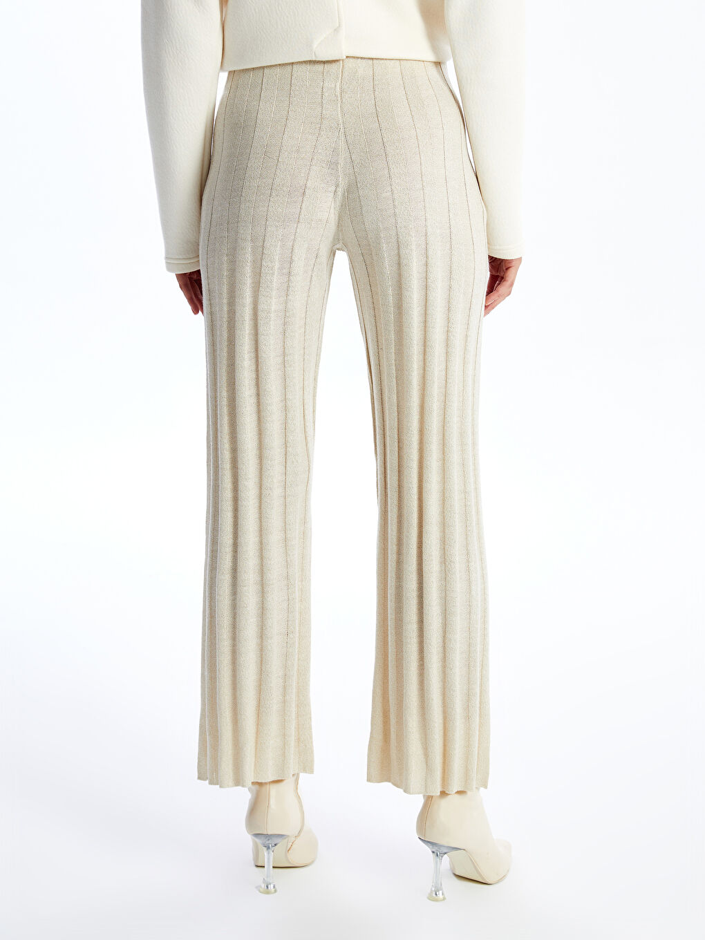 Elastic Waist Shiny Look Women's Knitwear Trousers-3