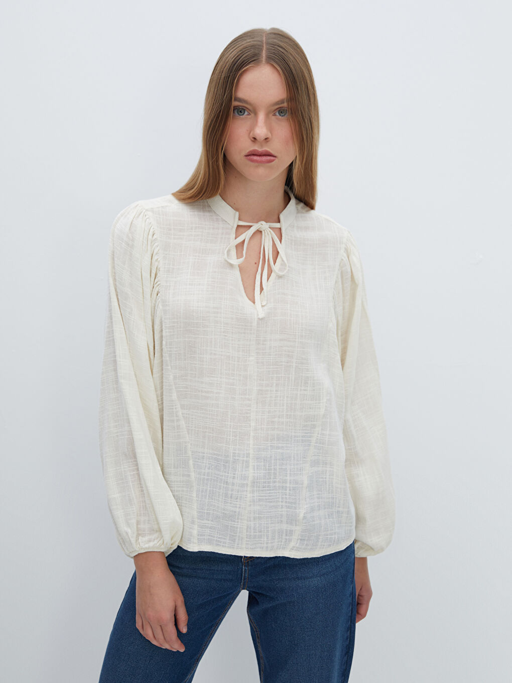 Tie Neck Oversize Poplin Women's Blouse -W4G577Z8-FEW