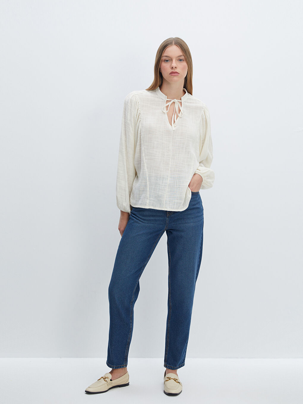 Tie Neck Oversize Poplin Women's Blouse -W4G577Z8-FEW