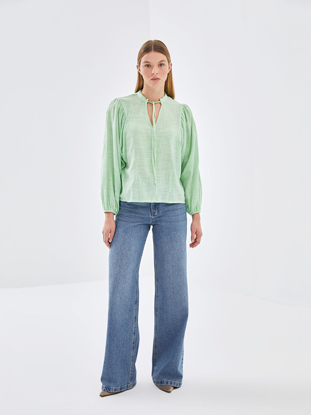 Tie Neck Oversize Poplin Women's Blouse-1