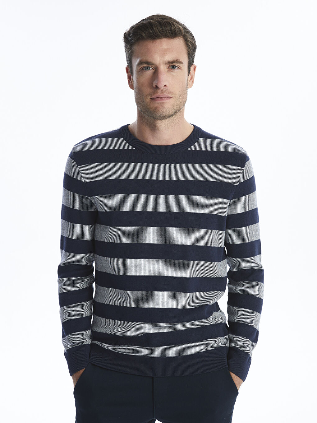 Lacivert Bisiklet Yaka Çizgili Erkek Triko Kazak-1