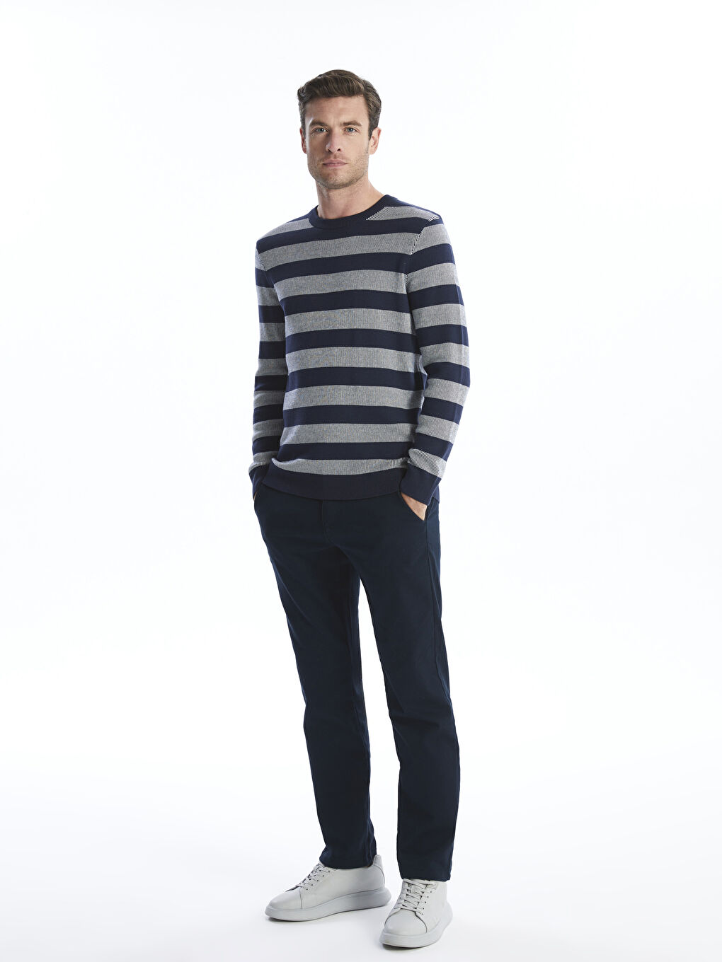 Lacivert Bisiklet Yaka Çizgili Erkek Triko Kazak-4