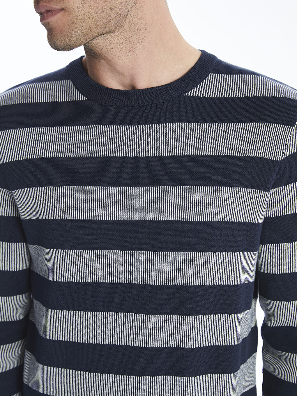 Lacivert Bisiklet Yaka Çizgili Erkek Triko Kazak-7