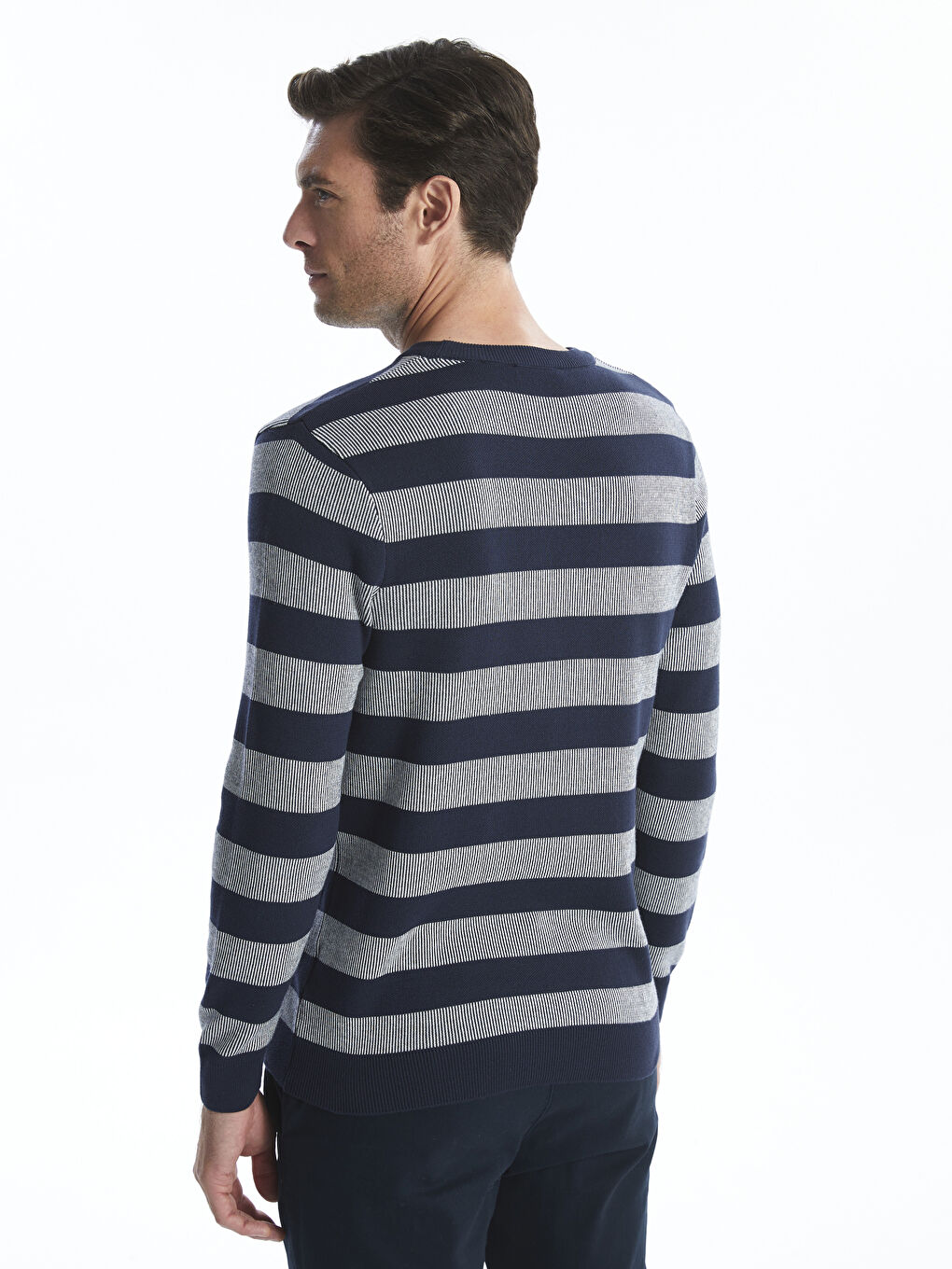Lacivert Bisiklet Yaka Çizgili Erkek Triko Kazak-10