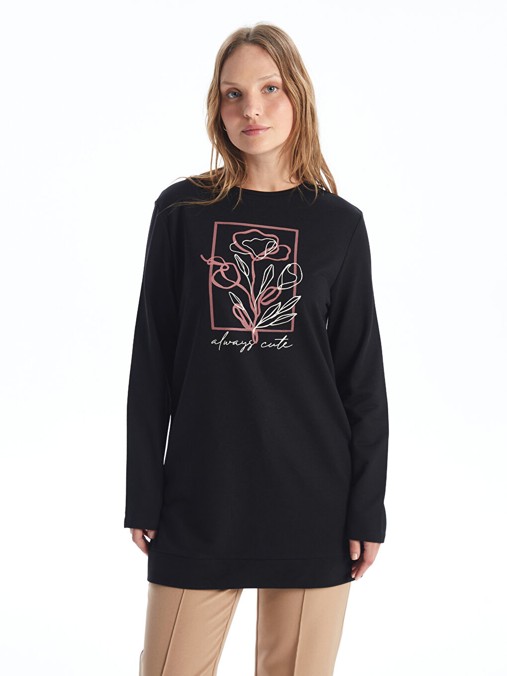 LCW ECO Yeni Siyah Baskılı Kadın Sweatshirt Tunik