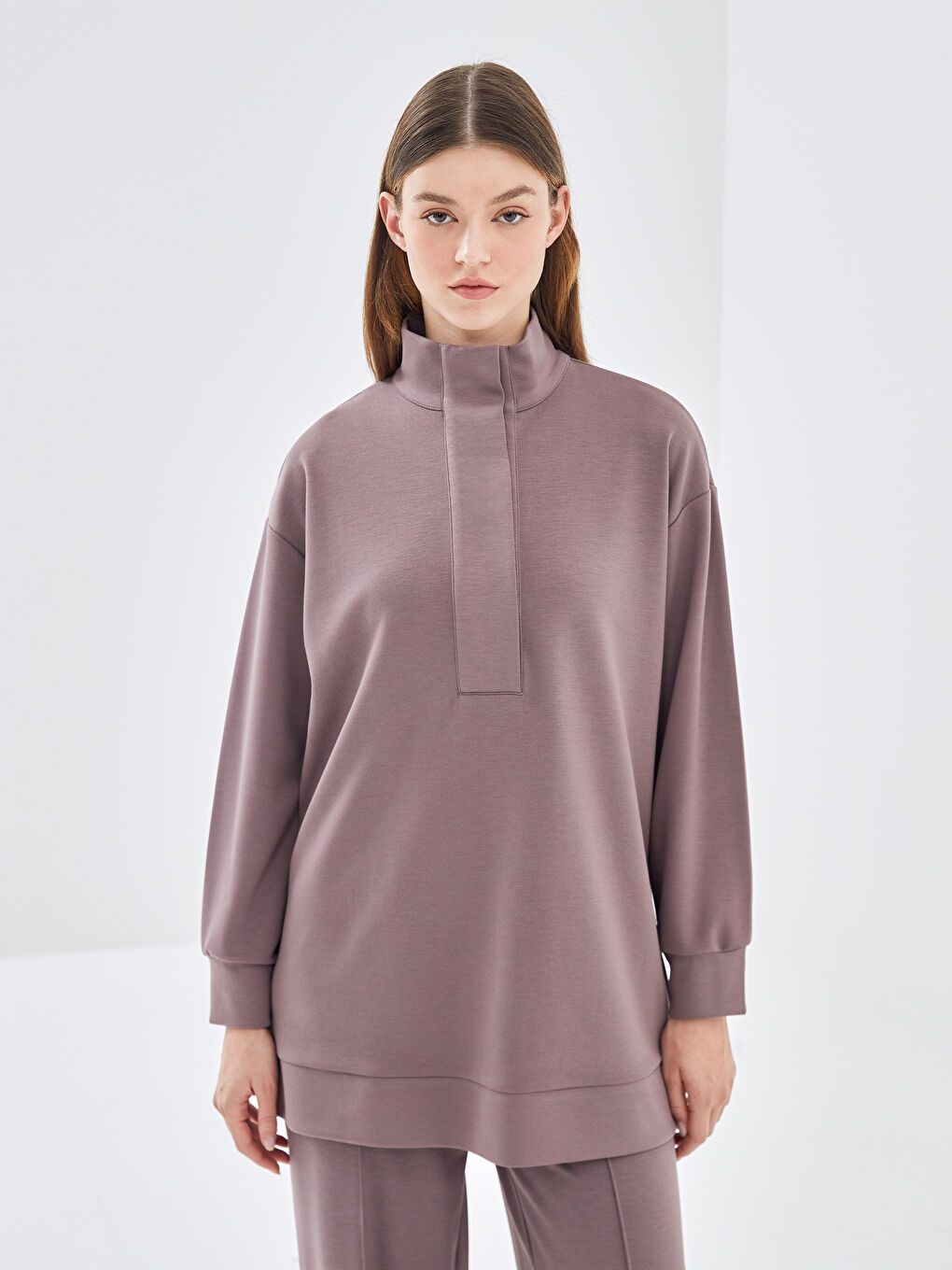 LCW Modest Mürdüm Dik Yaka Oversize Kadın Sweatshirt Tunik