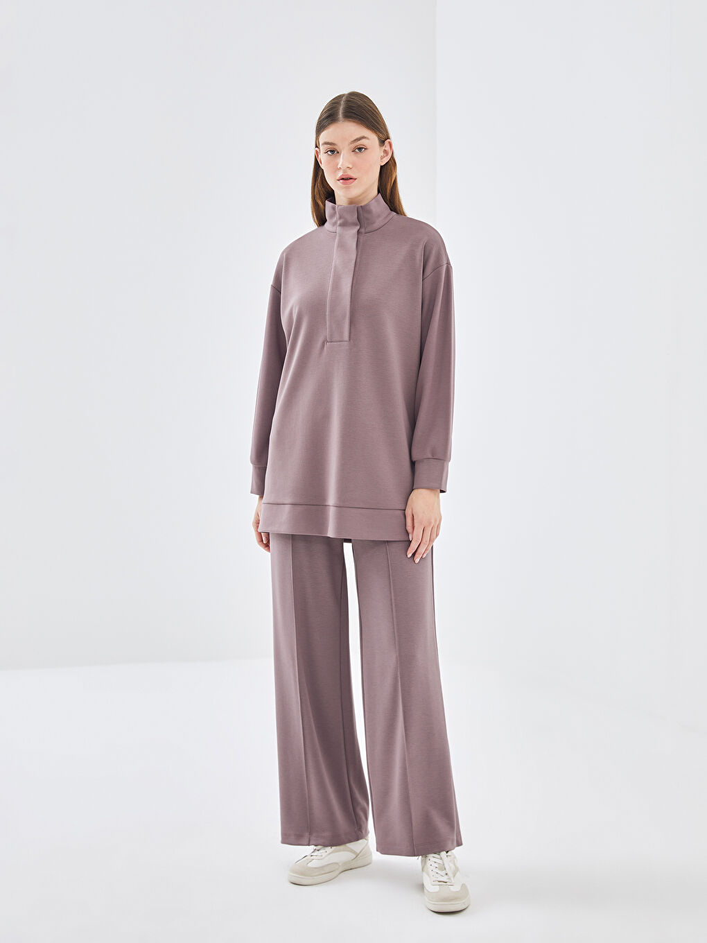 LCW Modest Mürdüm Dik Yaka Oversize Kadın Sweatshirt Tunik - 1