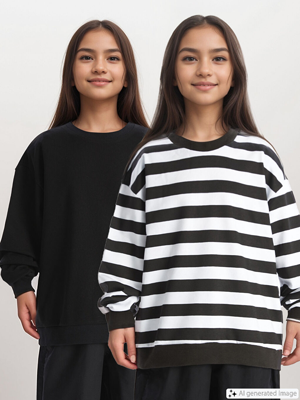 LCW Kids Siyah Çizgili Bisiklet Yaka Uzun Kollu Kız Çocuk Sweatshirt 2'li