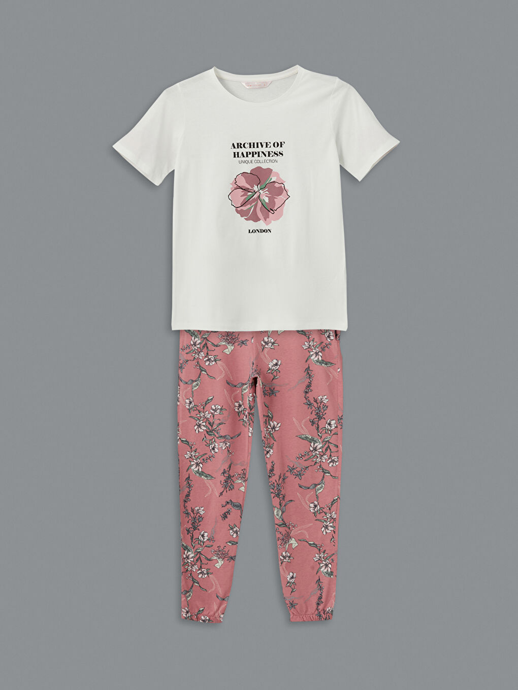 Pembe Bisiklet Yaka Çiçekli Kadın Pijama Takımı-4