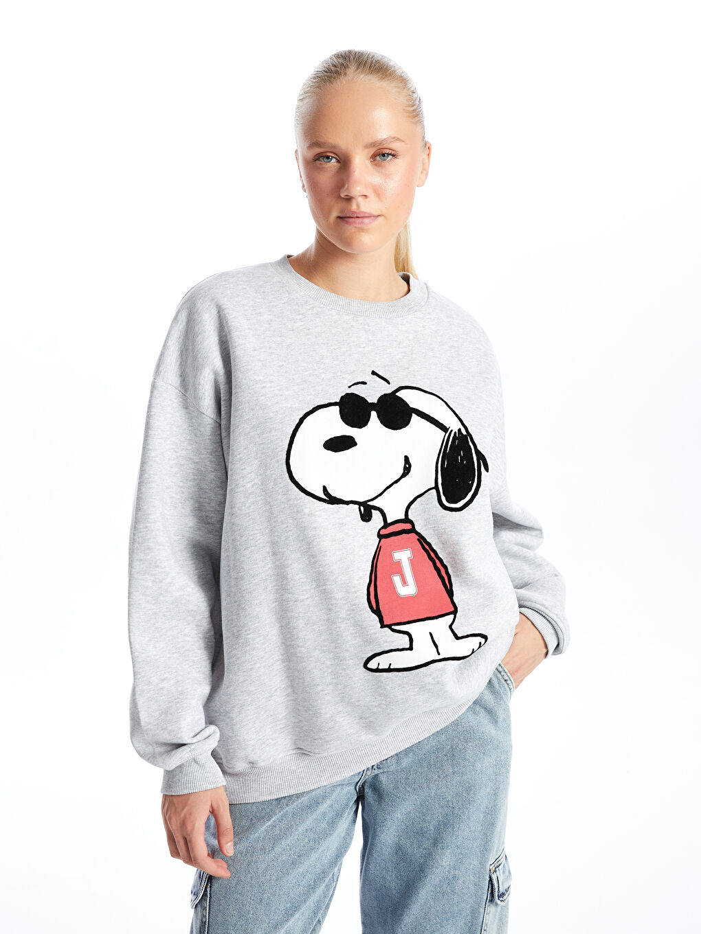 XSIDE Gri Melanj Bisiklet Yaka Snoopy Baskılı Oversize Kadın Kalın Sweatshirt