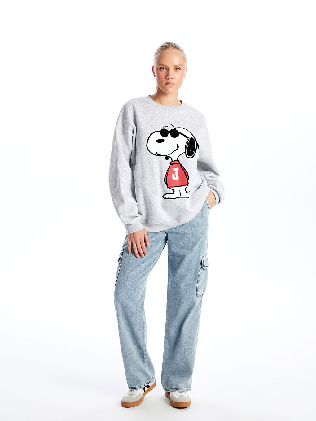 XSIDE Gri Melanj Bisiklet Yaka Snoopy Baskılı Oversize Kadın Kalın Sweatshirt - 1