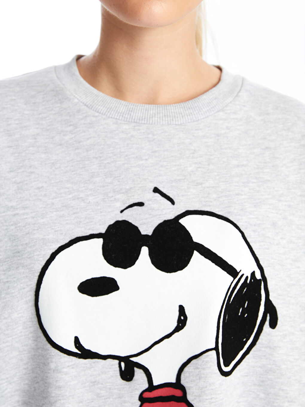 XSIDE Gri Melanj Bisiklet Yaka Snoopy Baskılı Oversize Kadın Kalın Sweatshirt - 2