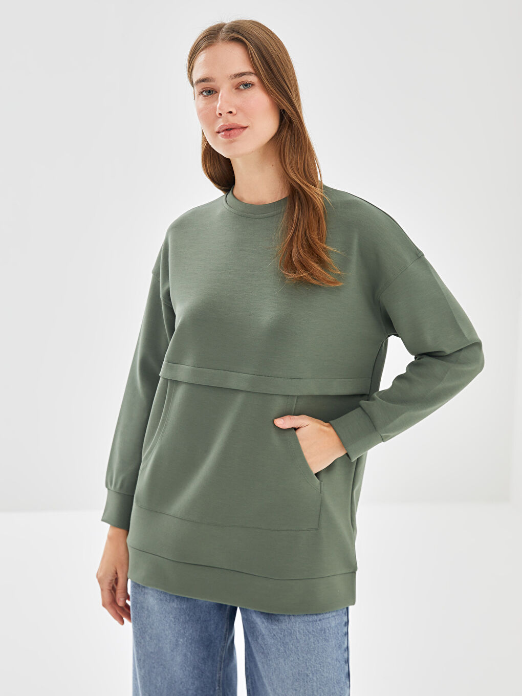 LCW Modest Yeşil Bisiklet Yaka Kadın Sweatshirt Tunik