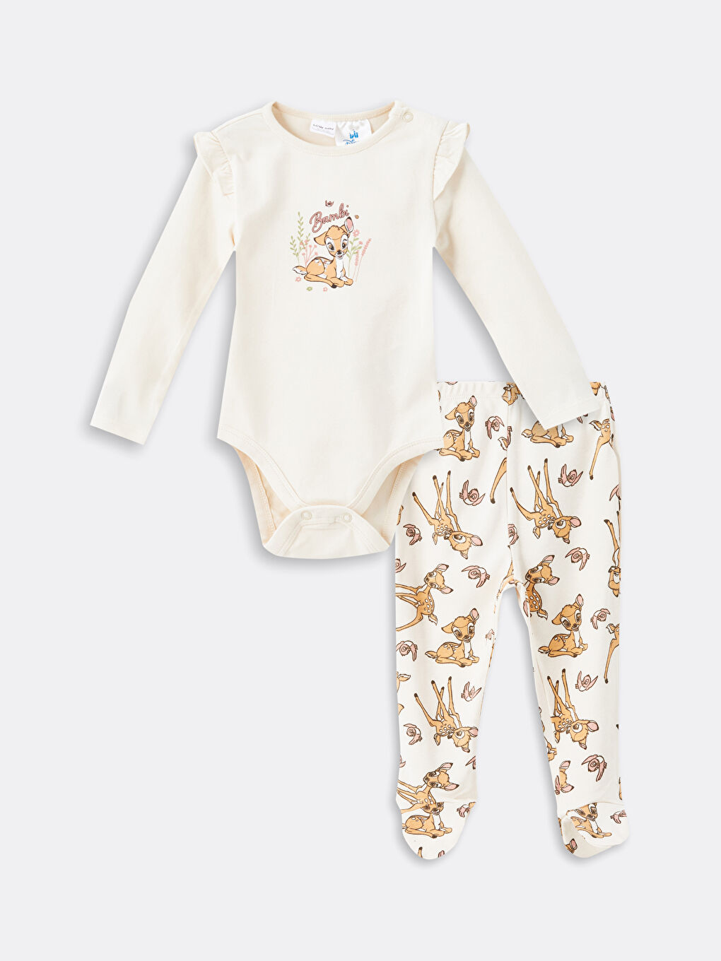 LCW baby Bej Bambi Baskılı Kız Bebek Çıtçıtlı Body ve Pantolon 2'li