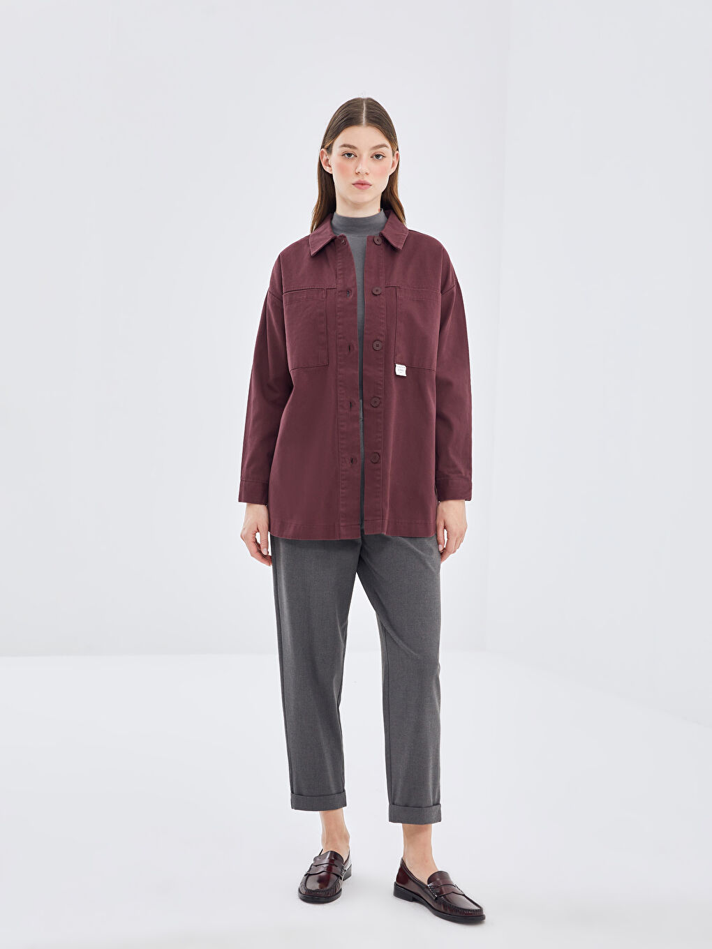 Bordo Oversize Kadın Gömlek Ceket-1