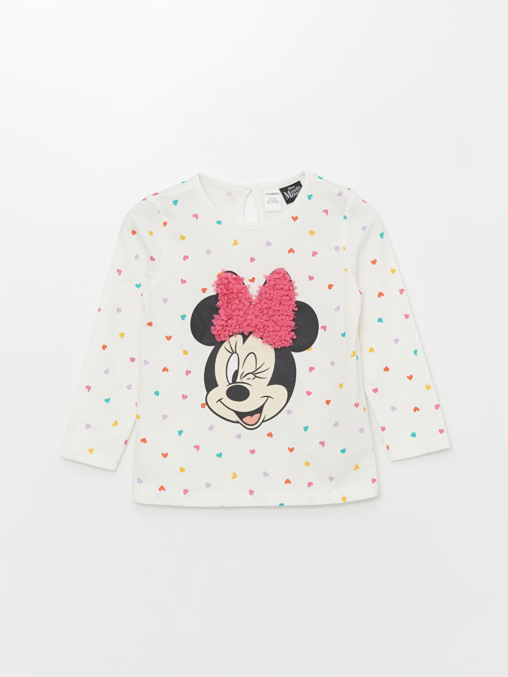 Ekru Bisiklet Yaka Uzun Kollu Minnie Mouse Baskılı Kız Çocuk Tişört