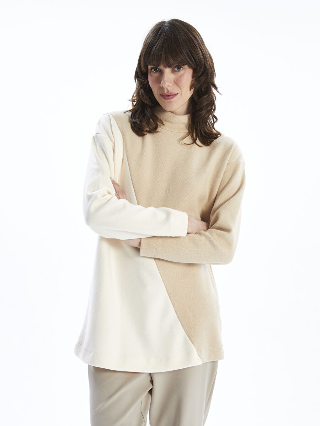 Bej Dik Yaka Renk Bloklu Kadın Tunik