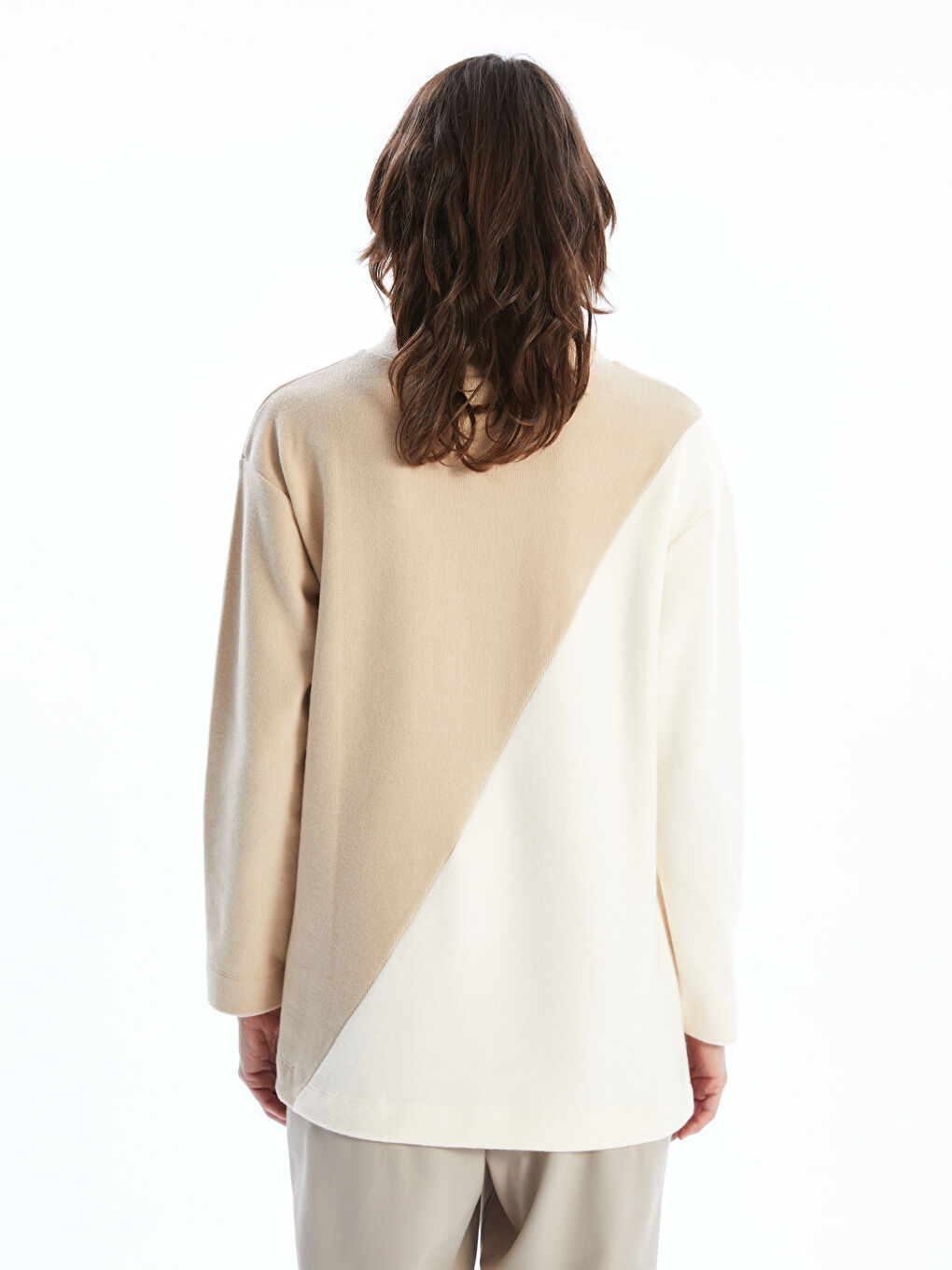 Bej Dik Yaka Renk Bloklu Kadın Tunik-3