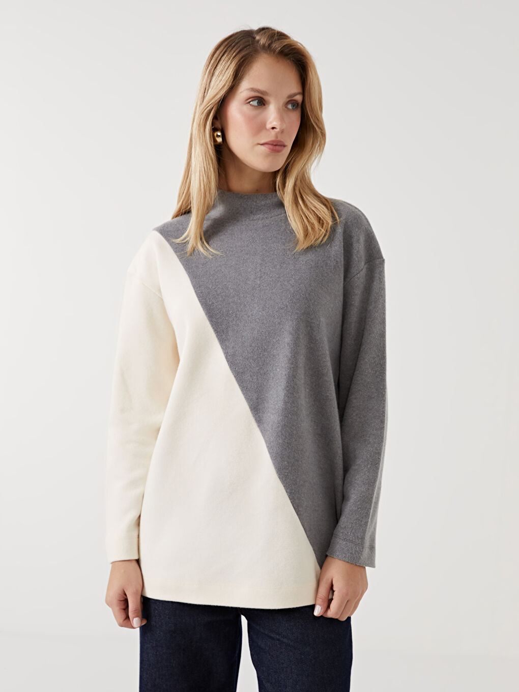 Antrasit Dik Yaka Renk Bloklu Kadın Tunik