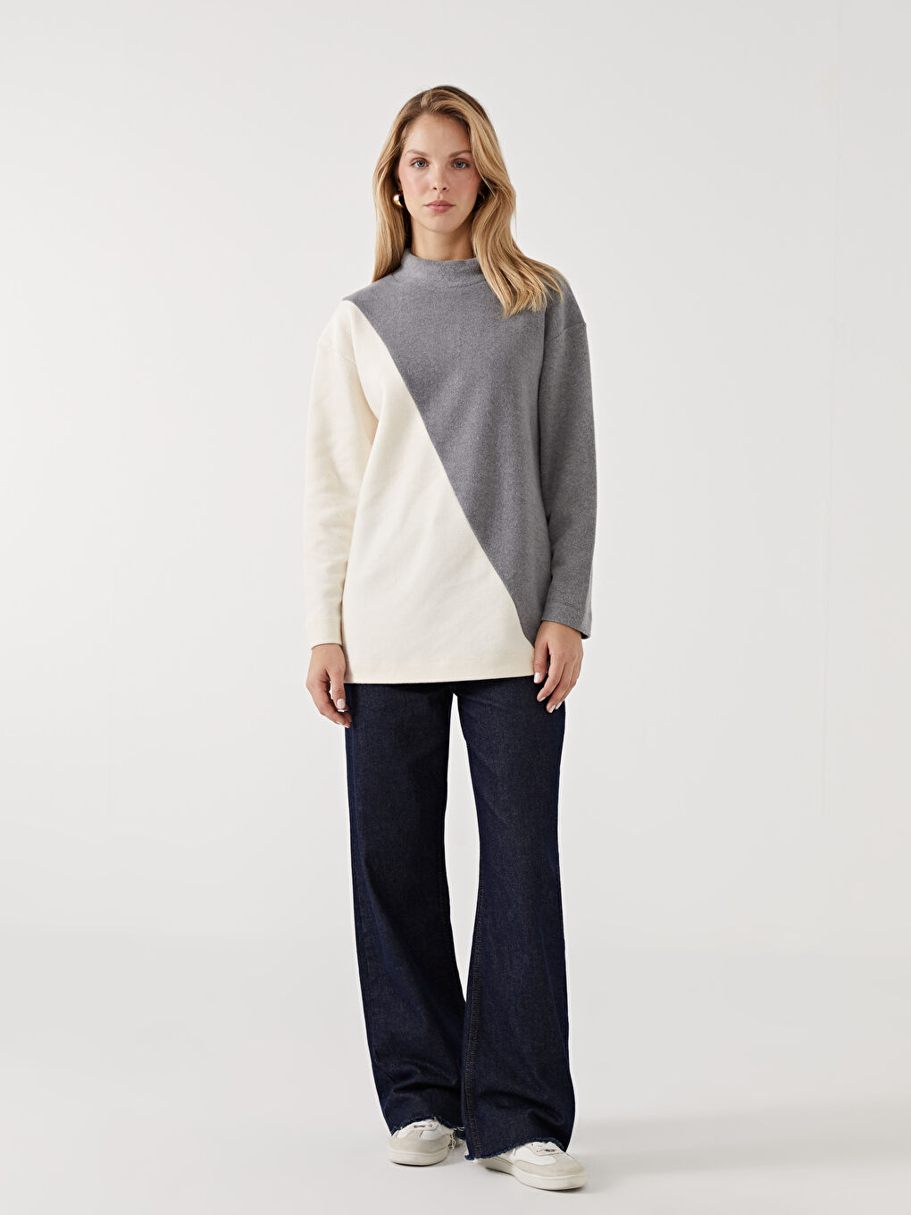 Antrasit Dik Yaka Renk Bloklu Kadın Tunik-1