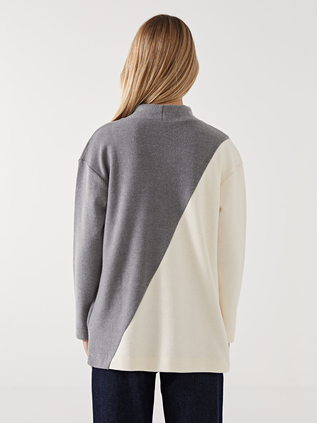 Antrasit Dik Yaka Renk Bloklu Kadın Tunik-3