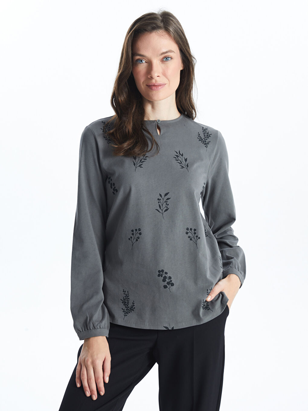 LCW Grace Crew Neck Patterned Women's Blouse -W4GF25Z8-GYQ