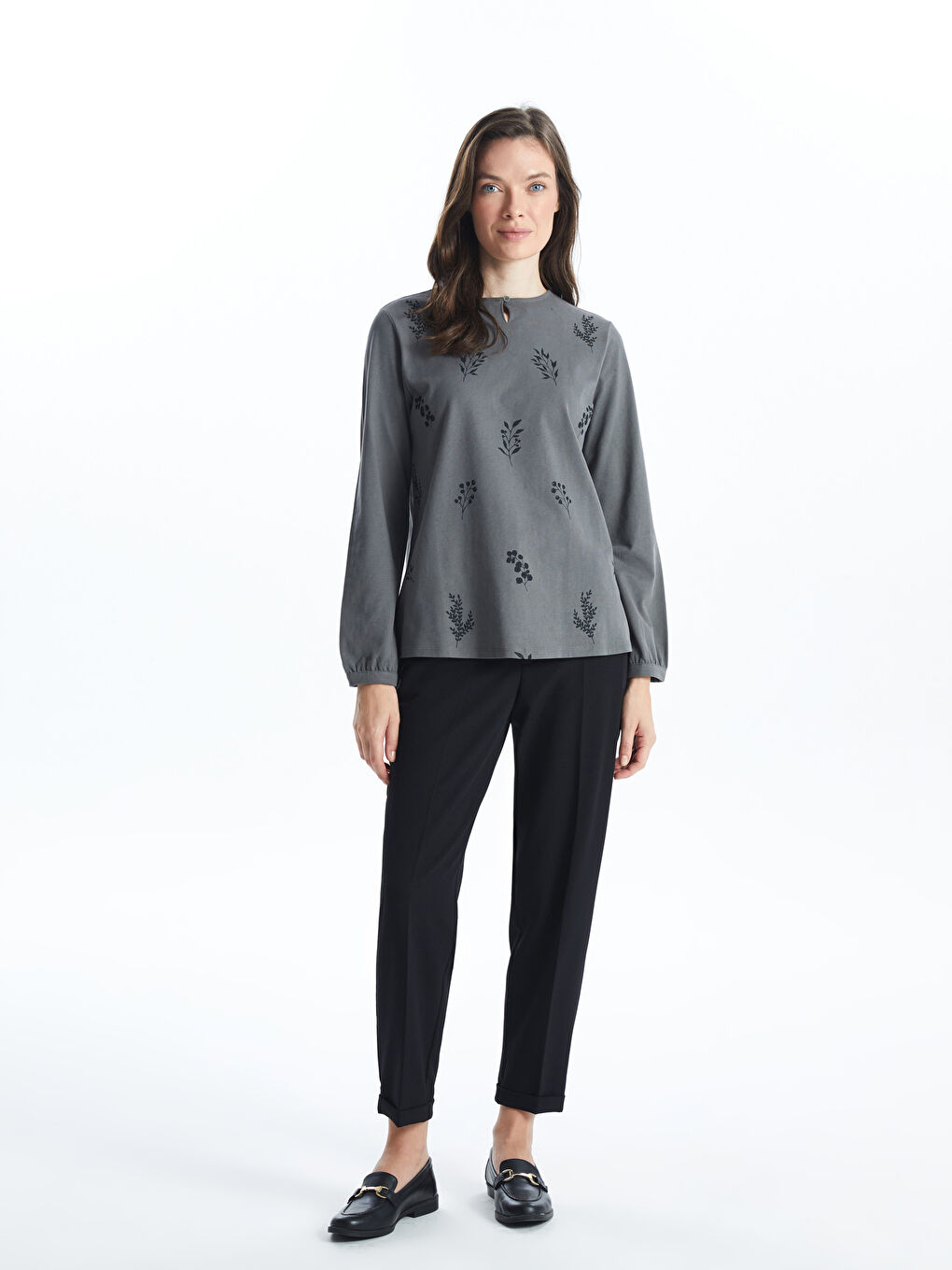 LCW Grace Crew Neck Patterned Women's Blouse -W4GF25Z8-GYQ
