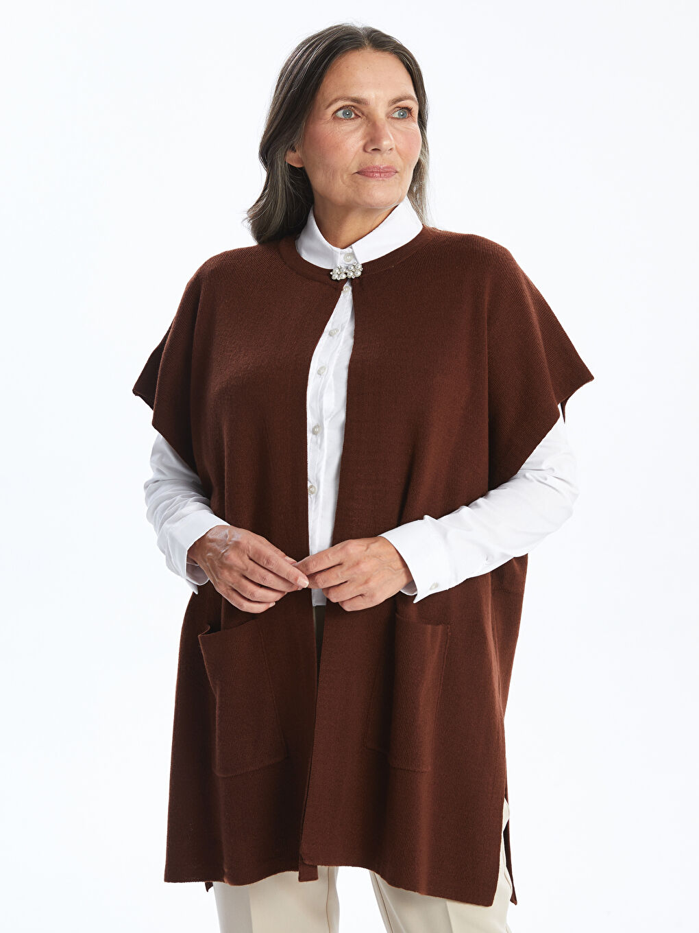 Women's Crew Neck Plain Knitwear Poncho -W4GG65Z8-VFP