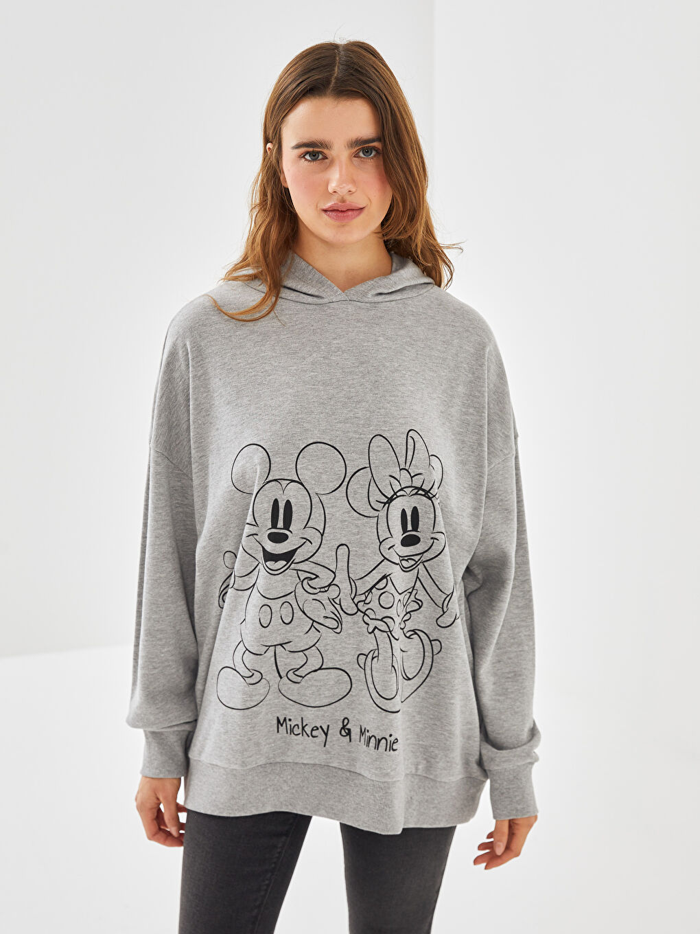 Mickey and Minnie Mouse Printed Long Sleeve Oversize Women's Hoodie