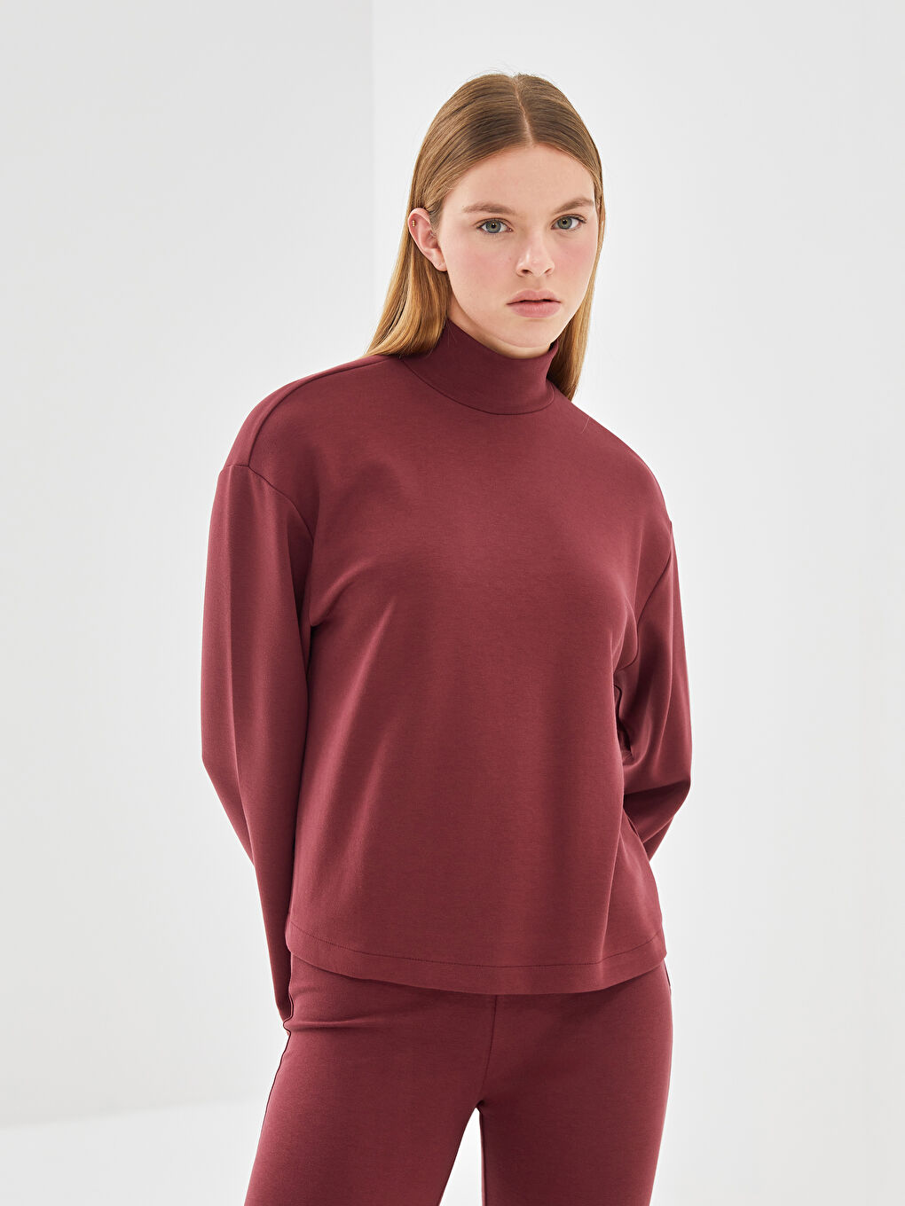 LCW Vision Bordo Dik Yaka Oversize Kadın Sweatshirt