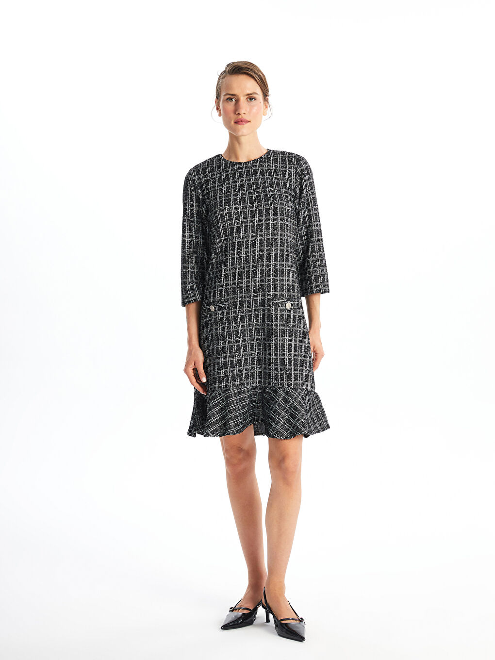 Crew Neck Plaid Women's Tweed Dress-1