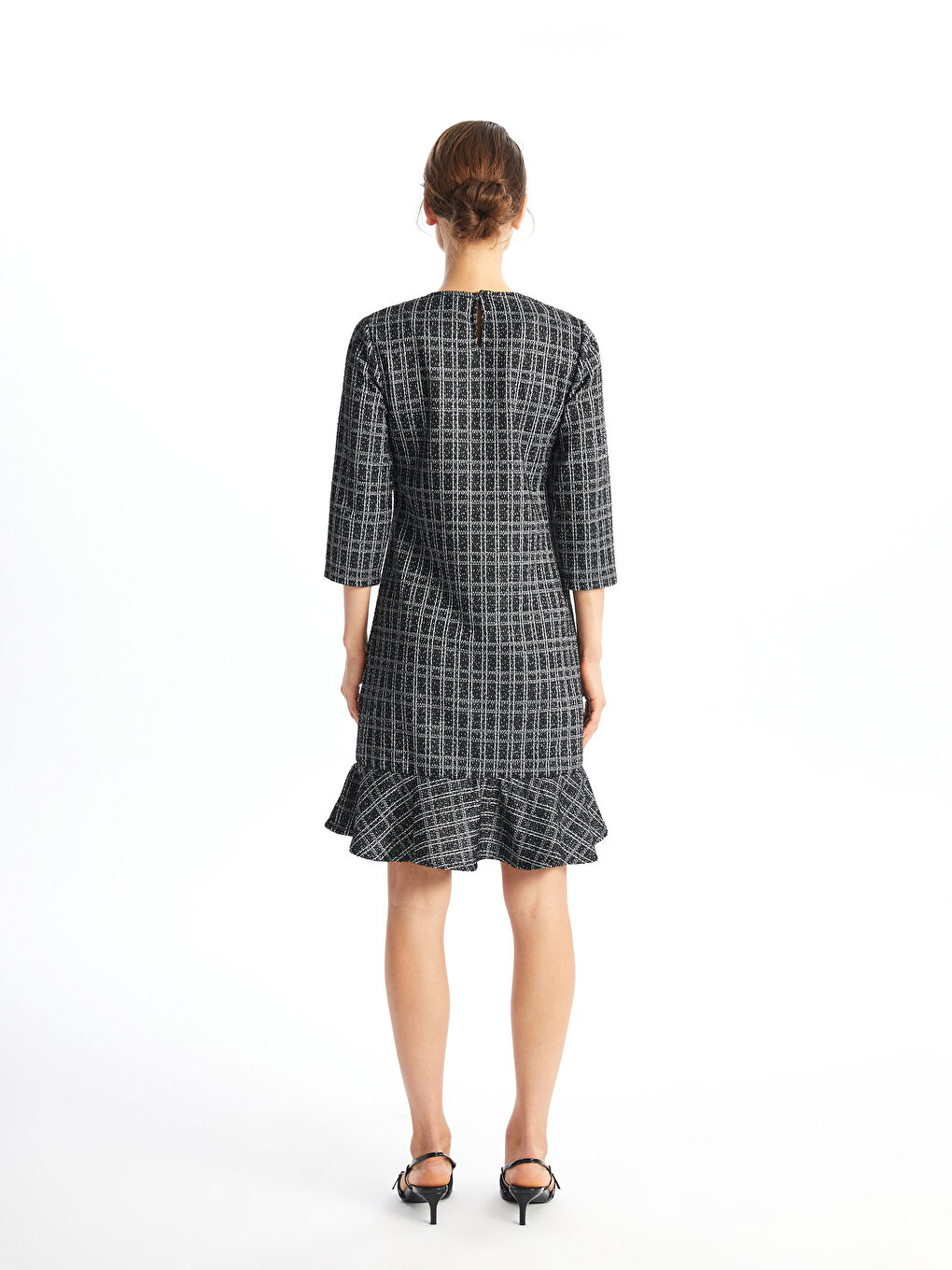 Crew Neck Plaid Women's Tweed Dress-3