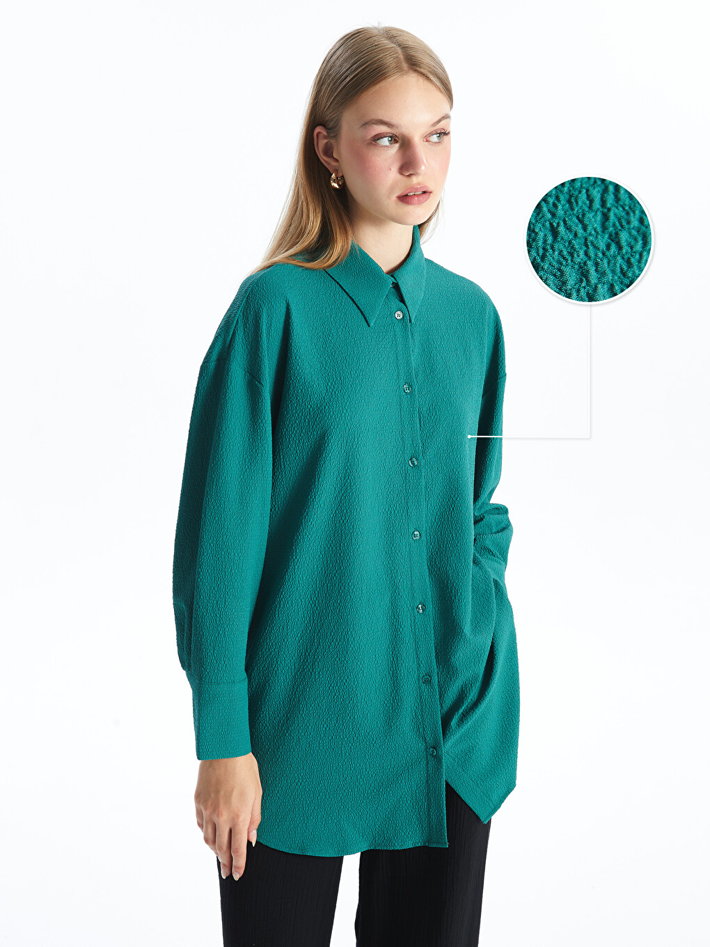 Yeşil Düz Uzun Kollu Oversize Gofre Kadın Gömlek