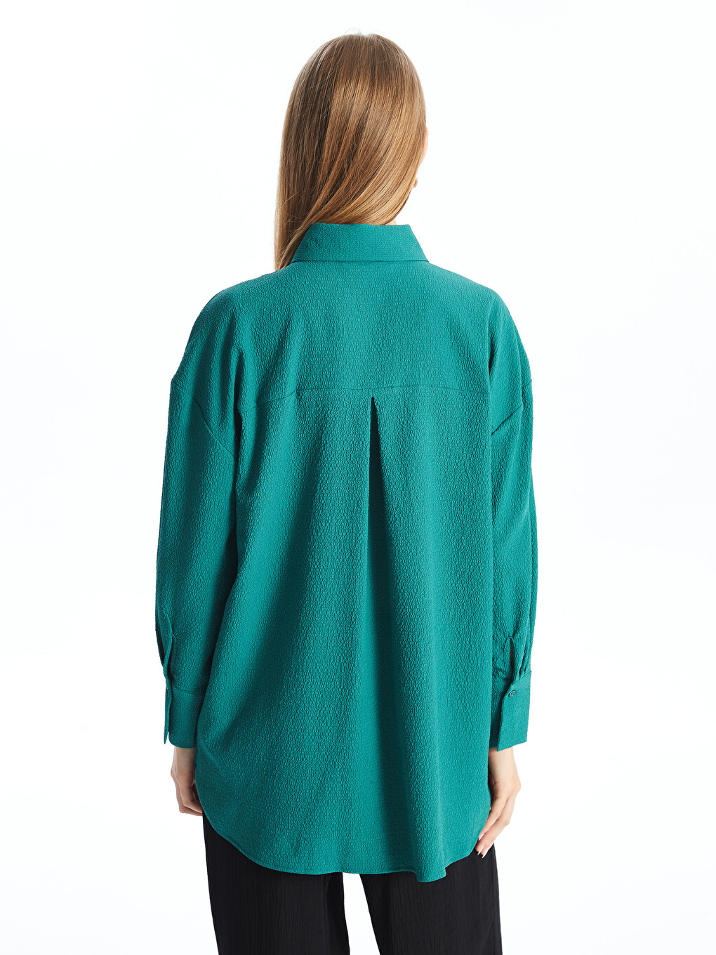 Yeşil Düz Uzun Kollu Oversize Gofre Kadın Gömlek-3