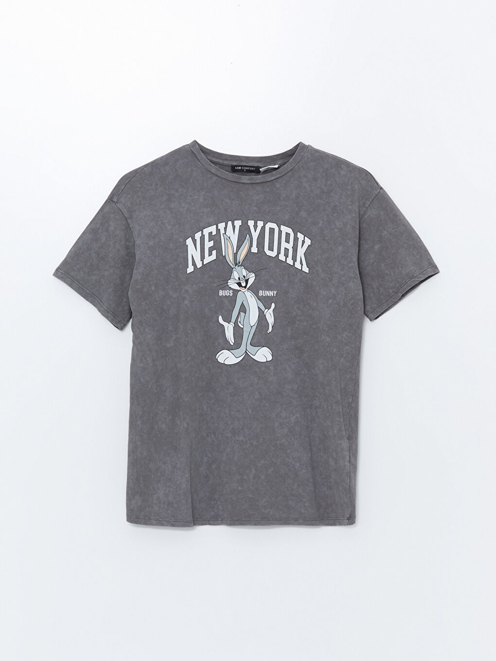 Gri Bisiklet Yaka Bugs Bunny Baskılı Kadın Tişört-5