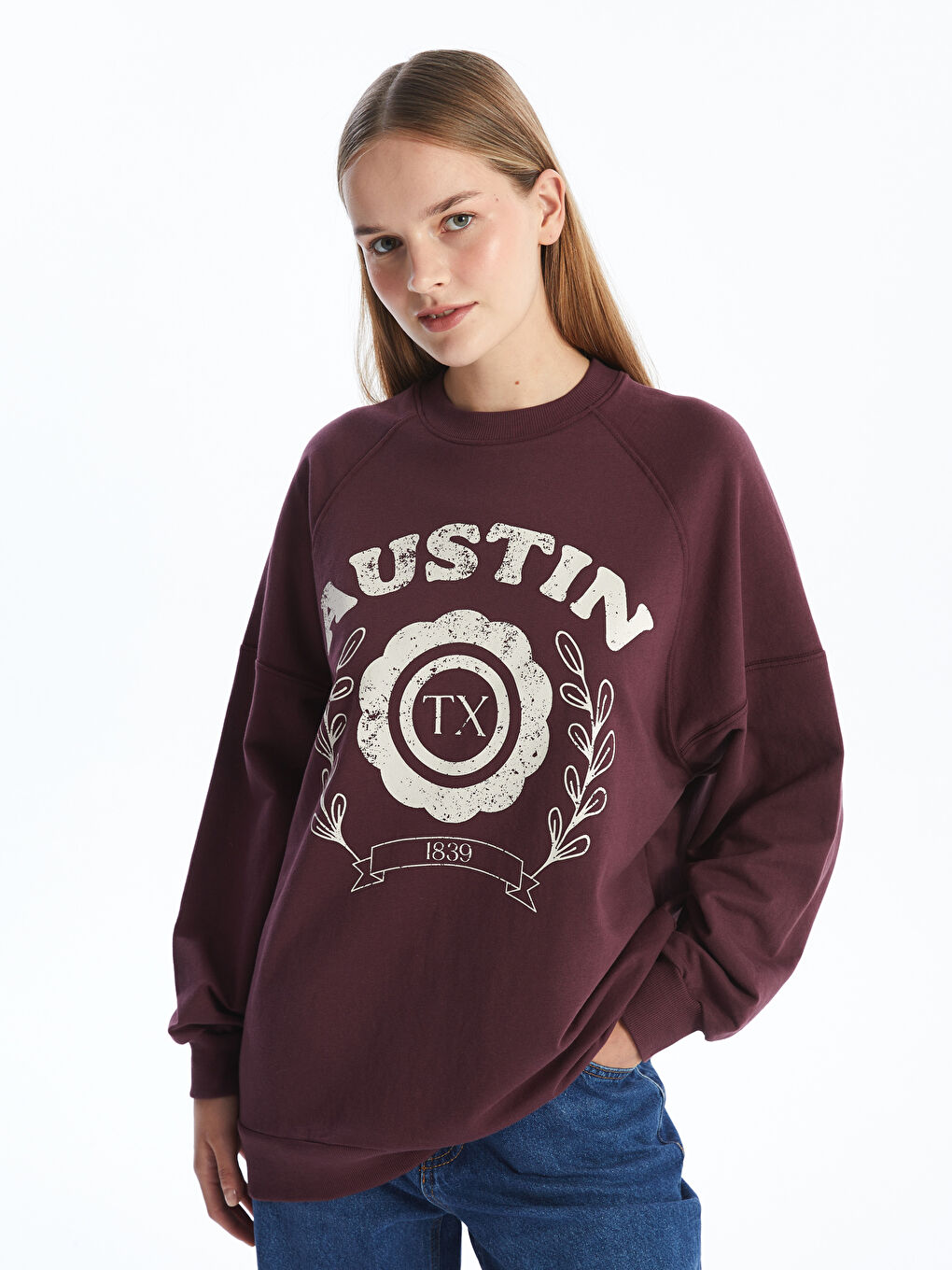 LCW Modest Bordo Baskılı Oversize Kadın Sweatshirt Tunik