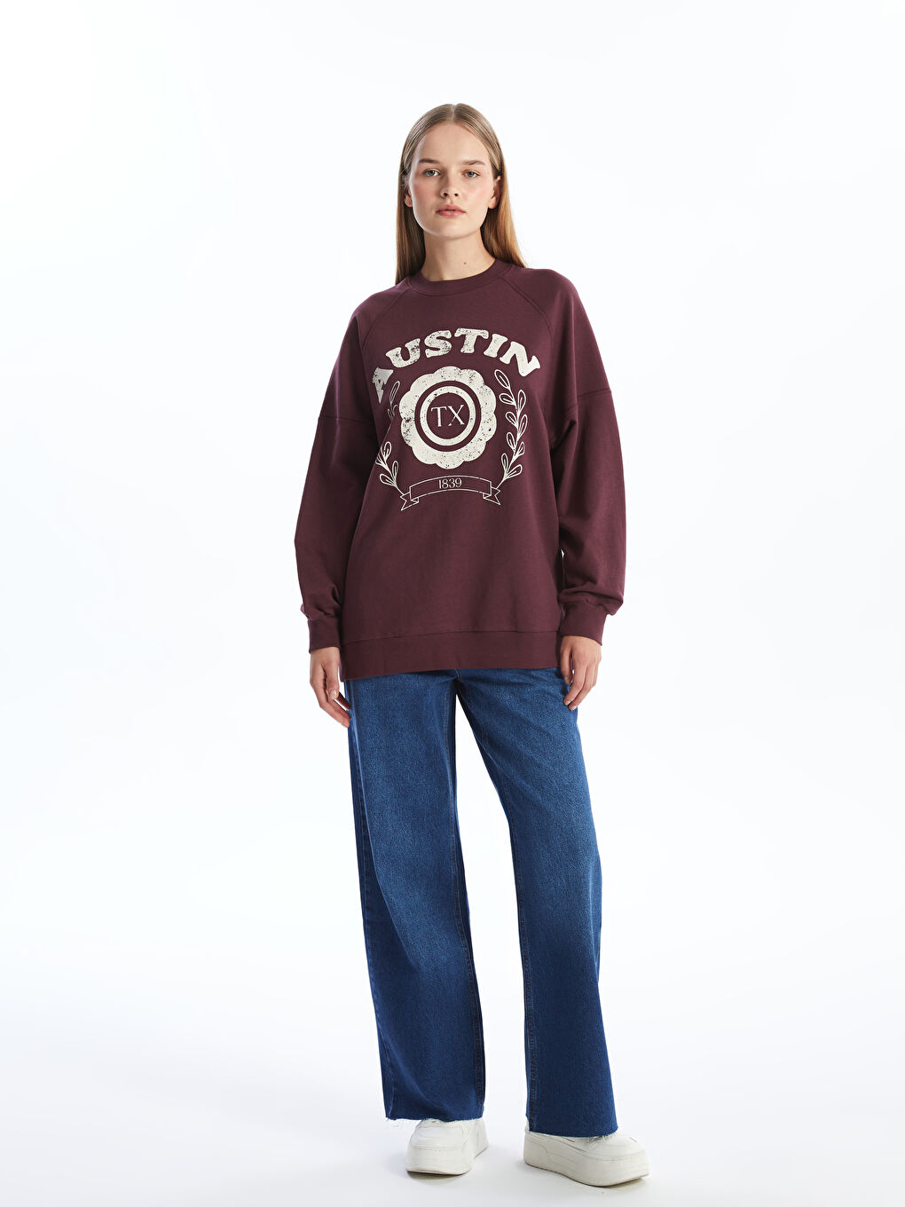 LCW Modest Bordo Baskılı Oversize Kadın Sweatshirt Tunik - 1